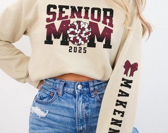 Senior Cheer Mom Sweatshirt with Name on Sleeve, Senior Cheer Mom Shirt Custom Name Year, Cheerleader Senior Mom Shirt, Cheer Mom Graduation