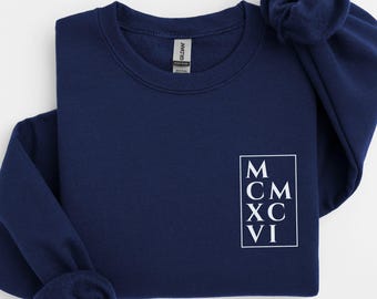 1996 Roman Numeral Sweatshirt with Pocket Print, 30th Birthday Gift for Him Her, Custom Birth Year Crewneck Sweater for Men Women, B Day Tee
