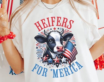 Comfort Colors Heifer Cow 4th of July Shirt, funny Merica Shirt, Patriotic Cow Gifts for Cow Lover, Cow Shirt for Women, American Flag Shirt