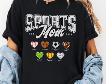 Comfort Colors Sports Mom Shirt, Custom Name Year Sports Ball Heart, Customized Sports Mom Gift with Kids Names, Mom Game Day Shirt Unisex