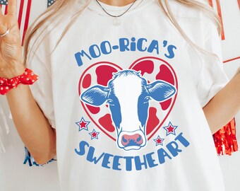 Comfort Colors Heifer Cow 4th of July Shirt, America Sweetheart T-Shirt, Patriotic Cow Gifts for Cow Lover, funny Fourth of July Cow Shirt