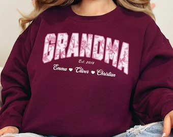 Pink Toile Personalized Grandma Sweatshirt with Grandkids Names, Custom Valentine's Day Gift for Grandma
