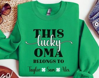 Personalized Lucky Oma Sweatshirt with Grandkids Names, Custom Oma St Patricks Day Sweatshirt, Customized Oma Sweater from Grandchildren