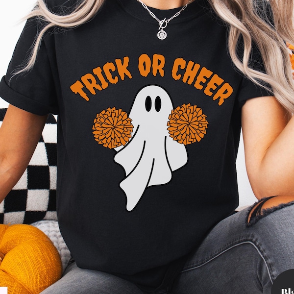 Comfort Colors Cheer Halloween Shirt, funny Halloween Cheer Shirt, cute Cheerleader Ghost Shirt, spooky Cheerleading Trick or Treat T-Shirt