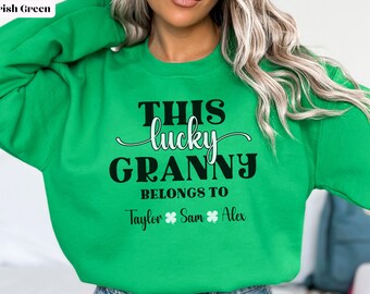 Personalized Granny Sweatshirt with Grandkids Names, Custom Granny St Patricks Day Sweatshirt, Customized Granny Sweater from Grandchildren