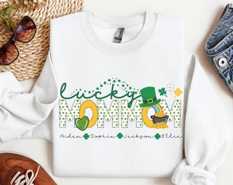 Personalized Mommom Sweatshirt with Kids Names, Lucky Mommom St Patricks Day Sweatshirt, Custom Mommom Shirt Gift from Grandkids Mommom Gift