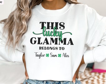 Personalized Glamma Sweatshirt with Grandkids Names, Custom Glamma St Patricks Day Sweatshirt, Customized Glamma Sweater from Grandchildren