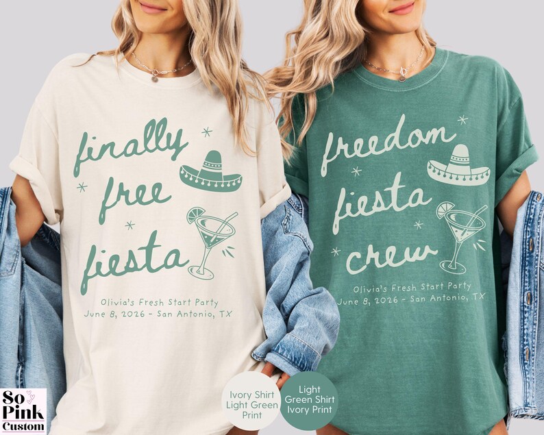 Matching Divorce Party Comfort Colors Shirts, Finally Free Fiesta  - Freedom Fiesta Crew, in a handwritten font with mexican hat, margarita cocktail, doodle stars and personalized with name and party details