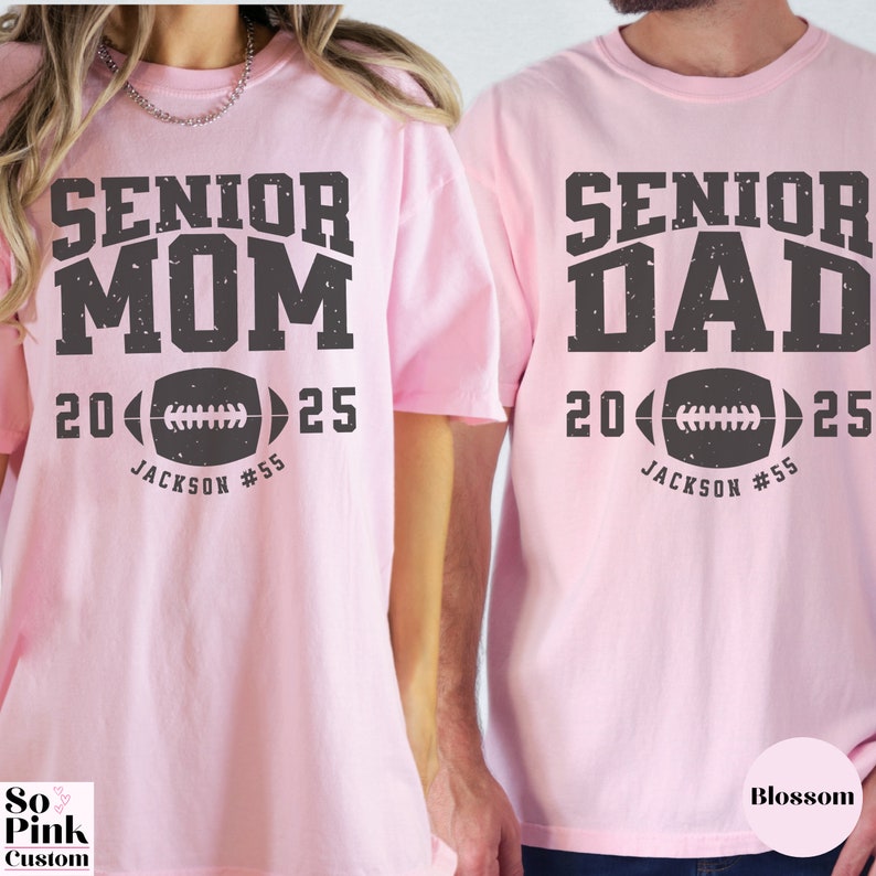 Matching Comfort Colors® Senior Mom and Senior Dad Football Shirts for Graduate Parents Class of 2025 Personalized with Player Name and Number