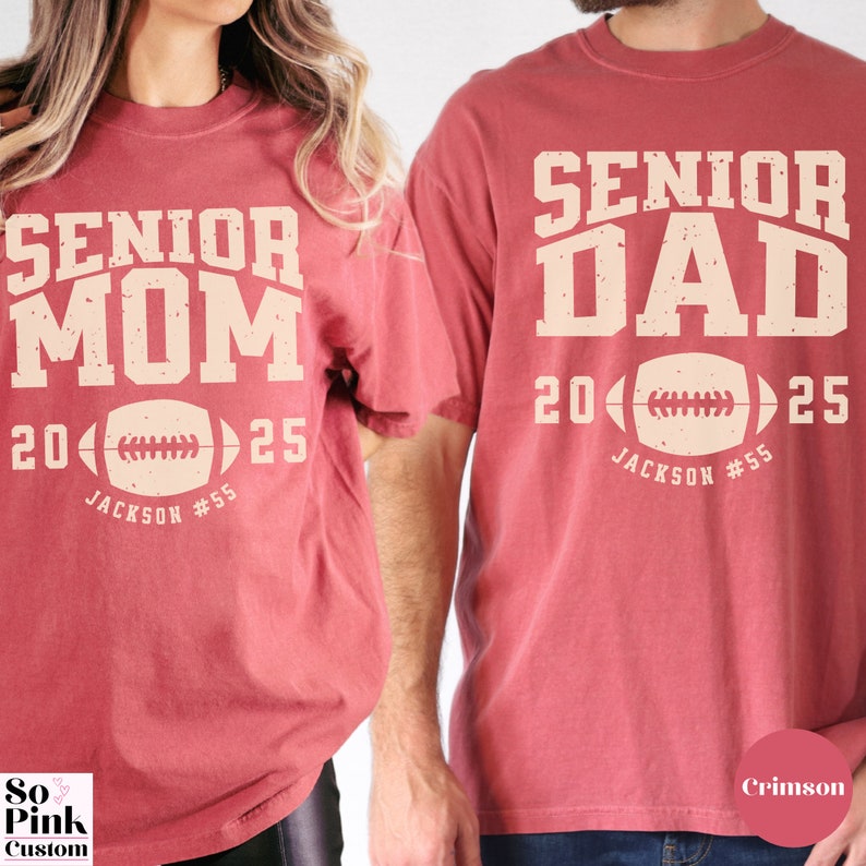 Matching Comfort Colors® Senior Mom and Senior Dad Football Shirts for Graduate Parents Class of 2025 Personalized with Player Name and Number