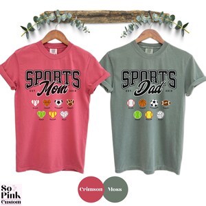 Matching Comfort Colors® Sports Mom and Sports Dad Shirts for Sports Player Parents. Personalized with Names and Year Est