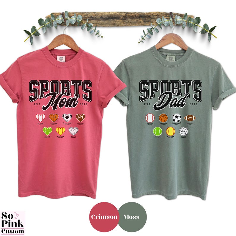 Matching Comfort Colors® Sports Mom and Sports Dad Shirts for Sports Player Parents. Personalized with Names and Year Est