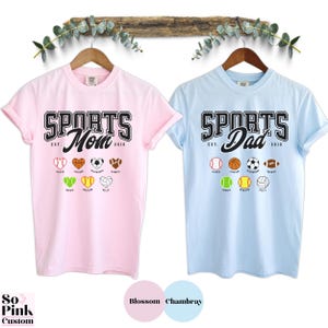 Matching Comfort Colors® Sports Mom and Sports Dad Shirts for Sports Player Parents. Personalized with Names and Year Est