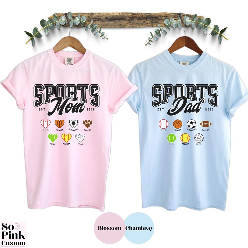 Matching Comfort Colors® Sports Mom and Sports Dad Shirts for Sports Player Parents. Personalized with Names and Year Est