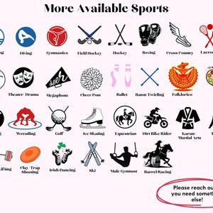 May include: A pink graphic with black and white illustrations of various sports and activities, including swimming, gymnastics, and bowling. Text at the top reads "More Available Sports."
