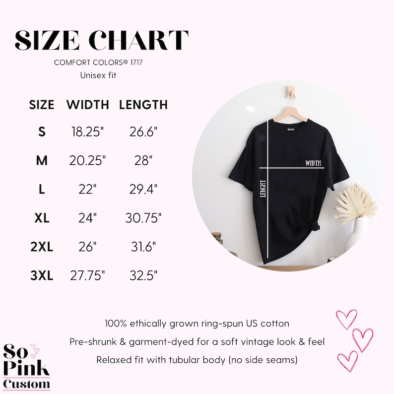 May include: Black t-shirt hanging on a wooden hanger, with a size chart. The chart lists sizes S to 3XL, with width and length measurements in inches. The text reads "SIZE CHART" and "Unisex fit". The shirt is made of 100% ethically grown ring-spun US cotton.