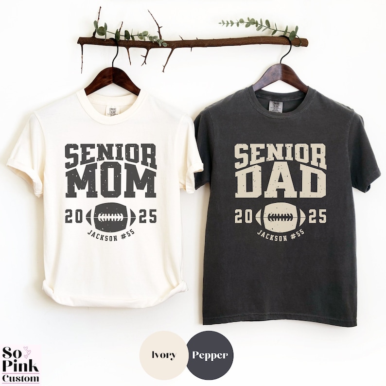 Matching Comfort Colors® Senior Mom and Senior Dad Football Shirts for Graduate Parents Class of 2025 Personalized with Player Name and Number