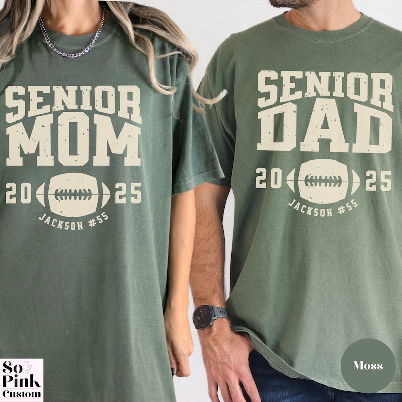 Matching Comfort Colors® Senior Mom and Senior Dad Football Shirts for Graduate Parents Class of 2025 Personalized with Player Name and Number