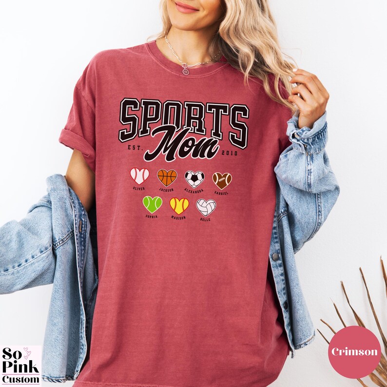 Comfort Colors® Sports Mom Shirt Personalized with Name and Year Est and Sports Ball Hearts