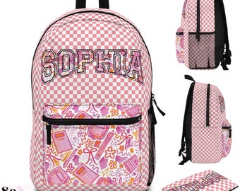 Preppy Custom Name Backpack for Girls, Personalized School Bag with Name, Book Bag Back to School Gifts for Students, Custom Kids Backpack
