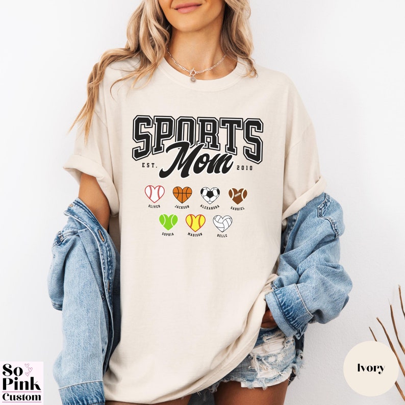 Comfort Colors® Sports Mom Shirt Personalized with Name and Year Est and Sports Ball Hearts