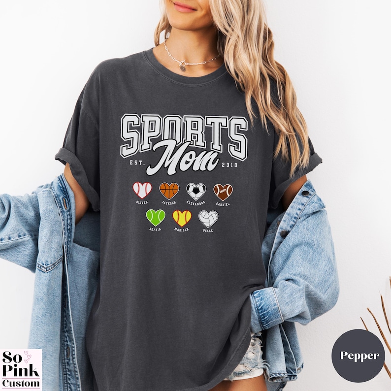 Comfort Colors® Sports Mom Shirt Personalized with Name and Year Est and Sports Ball Hearts