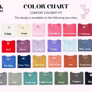 K&ouml;nnte beinhalten: Farbkarte mit 18 verschiedenen T-Shirt-Farben, darunter Wei&szlig;, Rot, Blau, Gr&uuml;n und Schwarz. Die Karte ist mit "Comfort Colors&reg; 1717" und "Dieses Design ist in den folgenden T-Shirt-Farben erh&auml;ltlich" beschriftet.