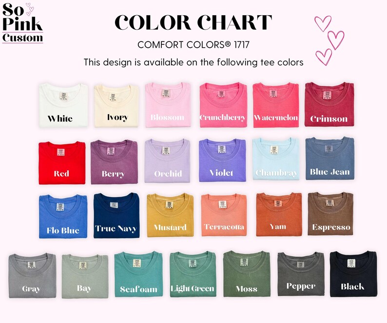 K&ouml;nnte beinhalten: Farbkarte mit 18 verschiedenen T-Shirt-Farben, darunter Wei&szlig;, Rot, Blau, Gr&uuml;n und Schwarz. Die Karte ist mit "Comfort Colors&reg; 1717" und "Dieses Design ist in den folgenden T-Shirt-Farben erh&auml;ltlich" beschriftet.
