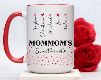 Mommom's Sweethearts Valentines Day Mug, Custom Mommom Mug with Grandkids Names, Personalized Mommom Gift for Mommom Gifts for Valentine