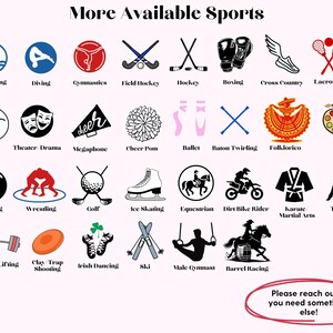 May include: A pink graphic featuring black and white illustrations of sports such as hockey, ballet, and equestrianism. Text at the top says "More Available Sports."