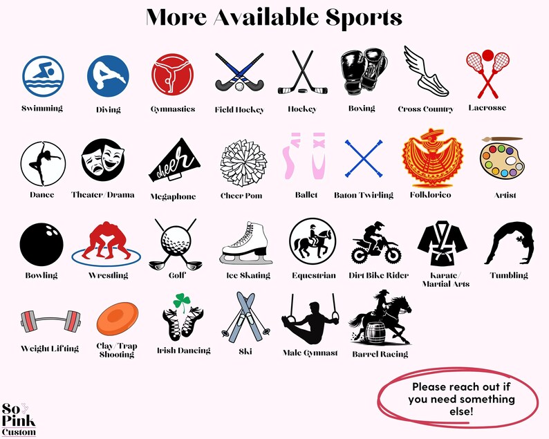 May include: A pink graphic featuring black and white illustrations of sports such as hockey, ballet, and equestrianism. Text at the top says "More Available Sports."