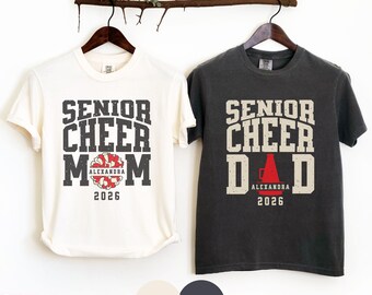 Comfort Colors Matching Senior Cheer Mom Shirt Senior Cheer Dad Shirt, Custom Name Year, 26 Cheer Shirts for Cheerleader Grad Parents 2026