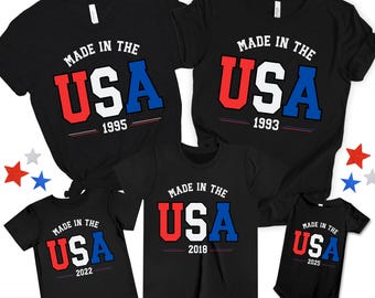 Custom Year Made in the USA Shirt, Family 4th of July Shirts, Patriotic T-Shirts for Families, matching Independence Day Family Outfits