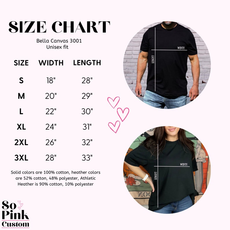 May include: Size chart for Bella Canvas 3001 unisex t-shirts. The chart shows the width and length measurements in inches for sizes S, M, L, XL, 2XL, and 3XL. The chart also includes information about the fabric composition of the shirts.
