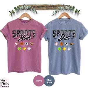 Matching Comfort Colors® Sports Mom and Sports Dad Shirts for Sports Player Parents. Personalized with Names and Year Est