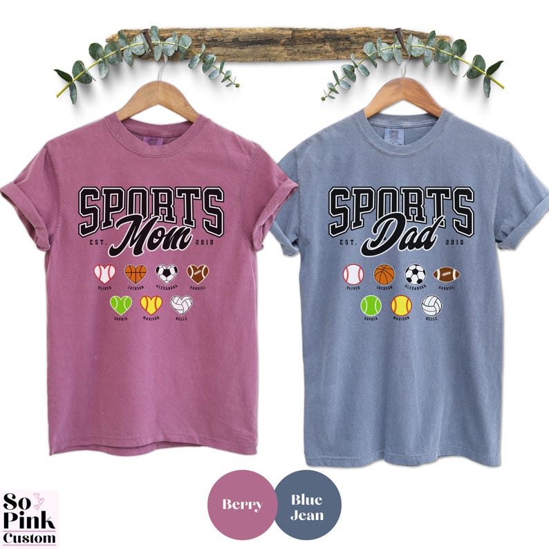 Matching Comfort Colors® Sports Mom and Sports Dad Shirts for Sports Player Parents. Personalized with Names and Year Est
