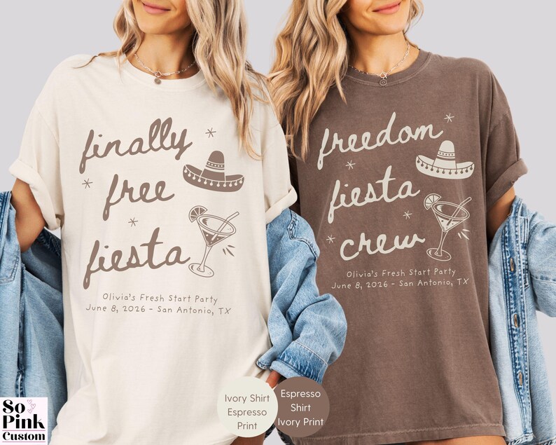 Matching Divorce Party Comfort Colors Shirts, Finally Free Fiesta  - Freedom Fiesta Crew, in a handwritten font with mexican hat, margarita cocktail, doodle stars and personalized with name and party details