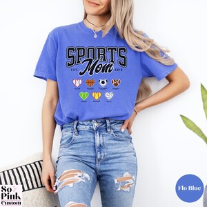Comfort Colors® Sports Mom Shirt Personalized with Name and Year Est and Sports Ball Hearts