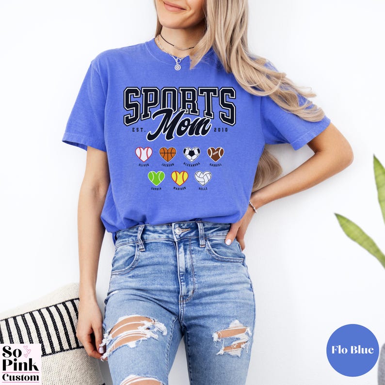 Comfort Colors® Sports Mom Shirt Personalized with Name and Year Est and Sports Ball Hearts