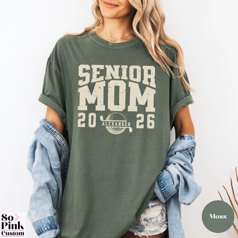 Comfort Colors Senior Golf Mom Shirt Personalized with Name and Year, bold collegiate font with golf ball monogram, distressed graphic