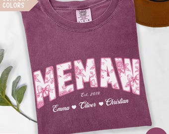 Comfort Colors Floral Memaw Shirt with Grandkids Names, Pink Toile de Jouy Memaw Flower T-Shirt, Custom Memaw Valentines Day Gift for Mom