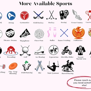 Op de afbeelding: Een roze afbeelding met verschillende sporticonen, waaronder zwemmen, gymnastiek en bowlen. De tekst bovenaan luidt "More Available Sports". Andere iconen zijn dans, theater en gewichtheffen. Een call to action staat rechtsonder.