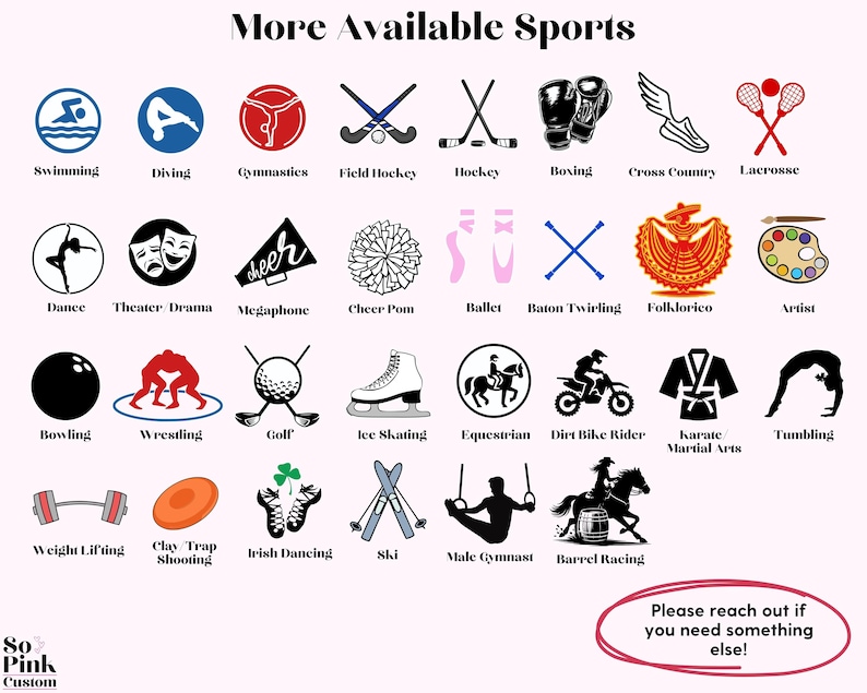 Op de afbeelding: Een roze afbeelding met verschillende sporticonen, waaronder zwemmen, gymnastiek en bowlen. De tekst bovenaan luidt "More Available Sports". Andere iconen zijn dans, theater en gewichtheffen. Een call to action staat rechtsonder.