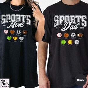 Matching Comfort Colors® Sports Mom and Sports Dad Shirts for Sports Player Parents. Personalized with Names and Year Est