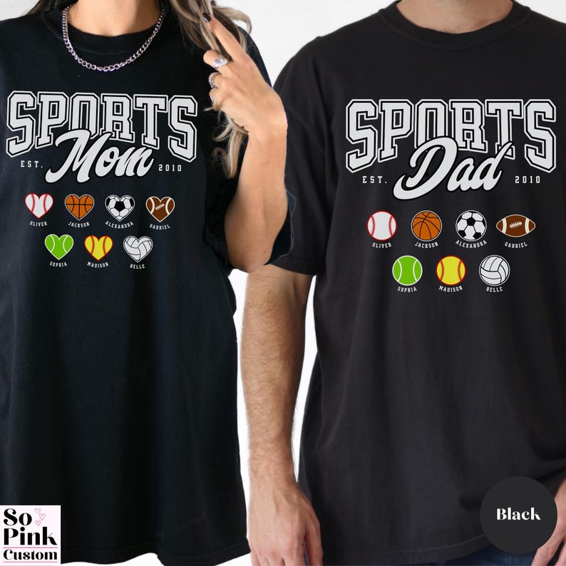 Matching Comfort Colors® Sports Mom and Sports Dad Shirts for Sports Player Parents. Personalized with Names and Year Est