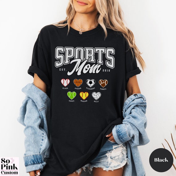 Comfort Colors Sports Mom Shirt, Custom Name Year Sports Ball Heart, Customized Sports Mom Gift with Kids Names, Mom Game Day Shirt Unisex