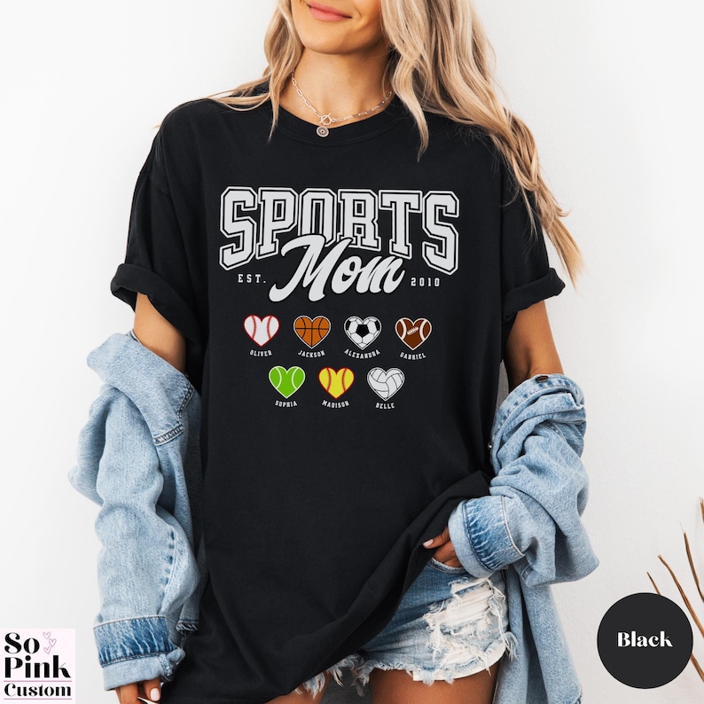 Comfort Colors® Sports Mom Shirt Personalized with Name and Year Est and Sports Ball Hearts
