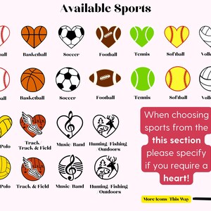 May include: A selection of heart-shaped icons representing various sports, such as baseball, basketball, and football. Other icons depict track and field, music, and outdoor activities. Text states "Available Sports" and a note about heart-shaped icons.