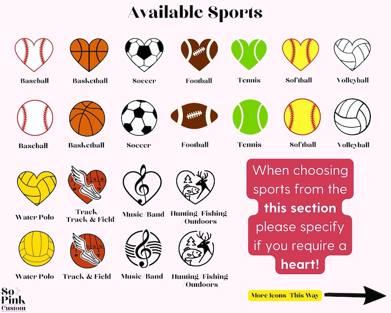 May include: A selection of heart-shaped icons representing various sports, such as baseball, basketball, and football. Other icons depict track and field, music, and outdoor activities. Text states "Available Sports" and a note about heart-shaped icons.