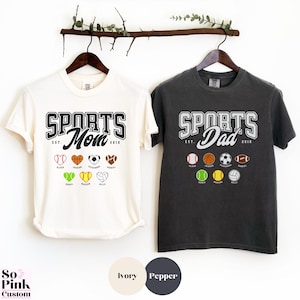 Matching Comfort Colors® Sports Mom and Sports Dad Shirts for Sports Player Parents. Personalized with Names and Year Est